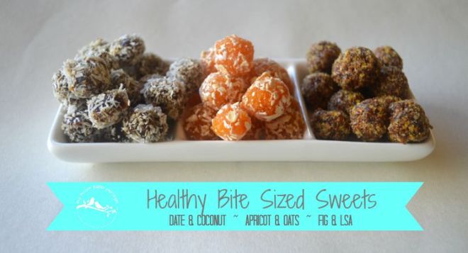 An easy recipe for three flavours of healthy bite sized sweets that are perfect for snack time. Date and coconut, Apricot and Oats, Fig and LSA.